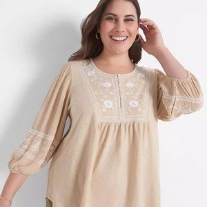 Lane Bryant Swing Henley Embroidered Top 18/20 Khaki